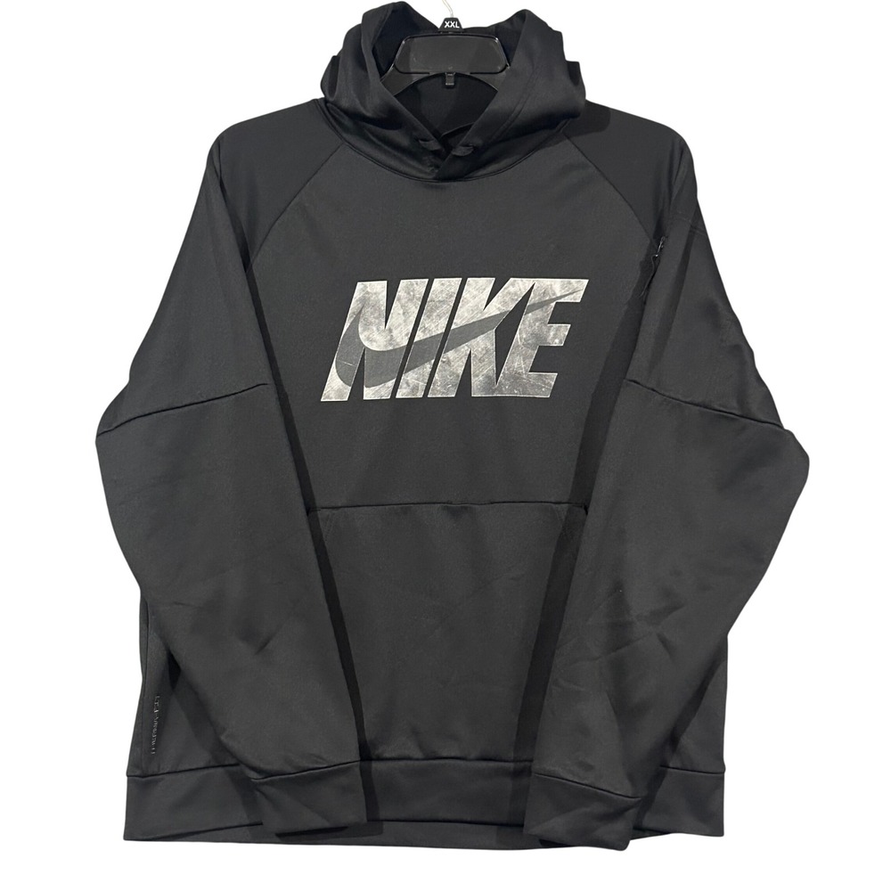 Nike Mens Therma-FIT Hoodie Black Graphic Logo Pullover Sweatshirt XL